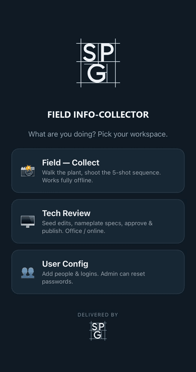Field Info-Collector front page on a phone: Field Collect, Tech Review and User Config workspaces