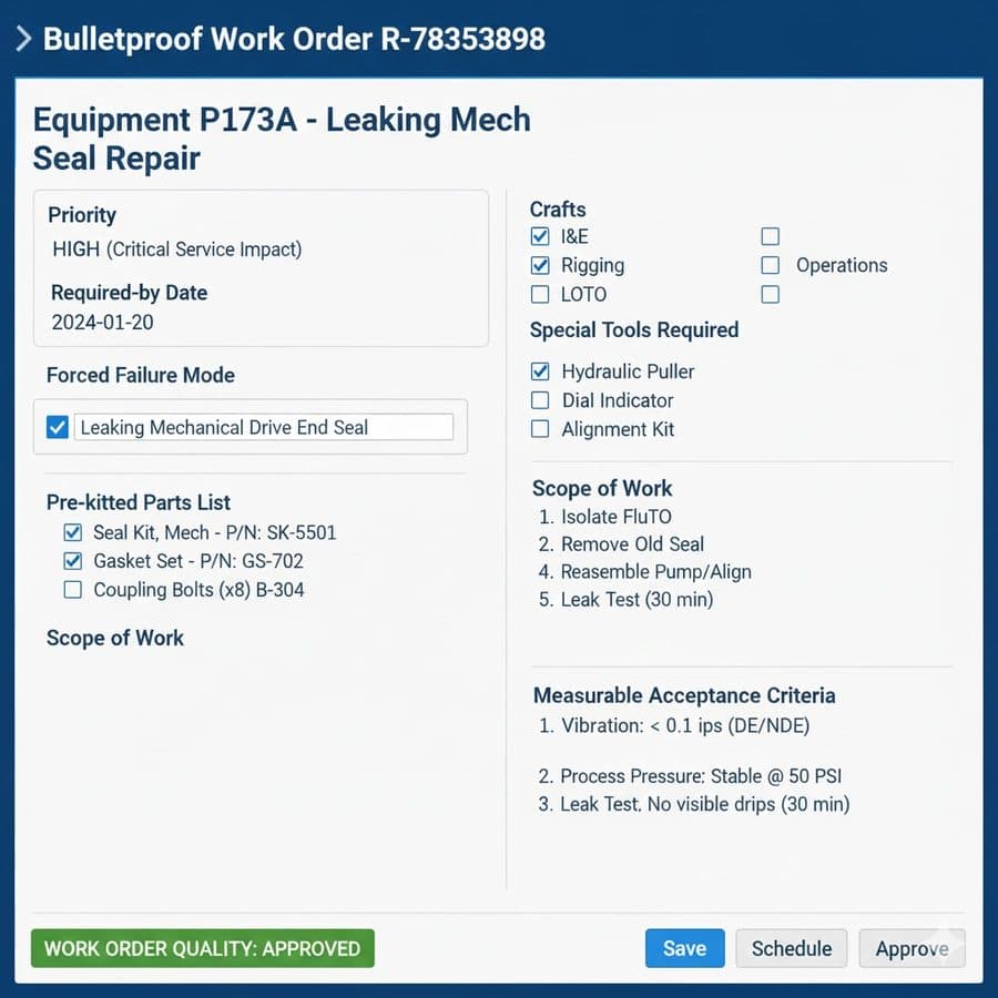 A work order with failure mode, kitted parts, scope and acceptance criteria filled in